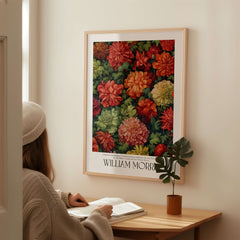 William Morris Prints - Abundant Floral Bloom Art Print - Colourful Botanical Poster displayed on a wall with a person reading.