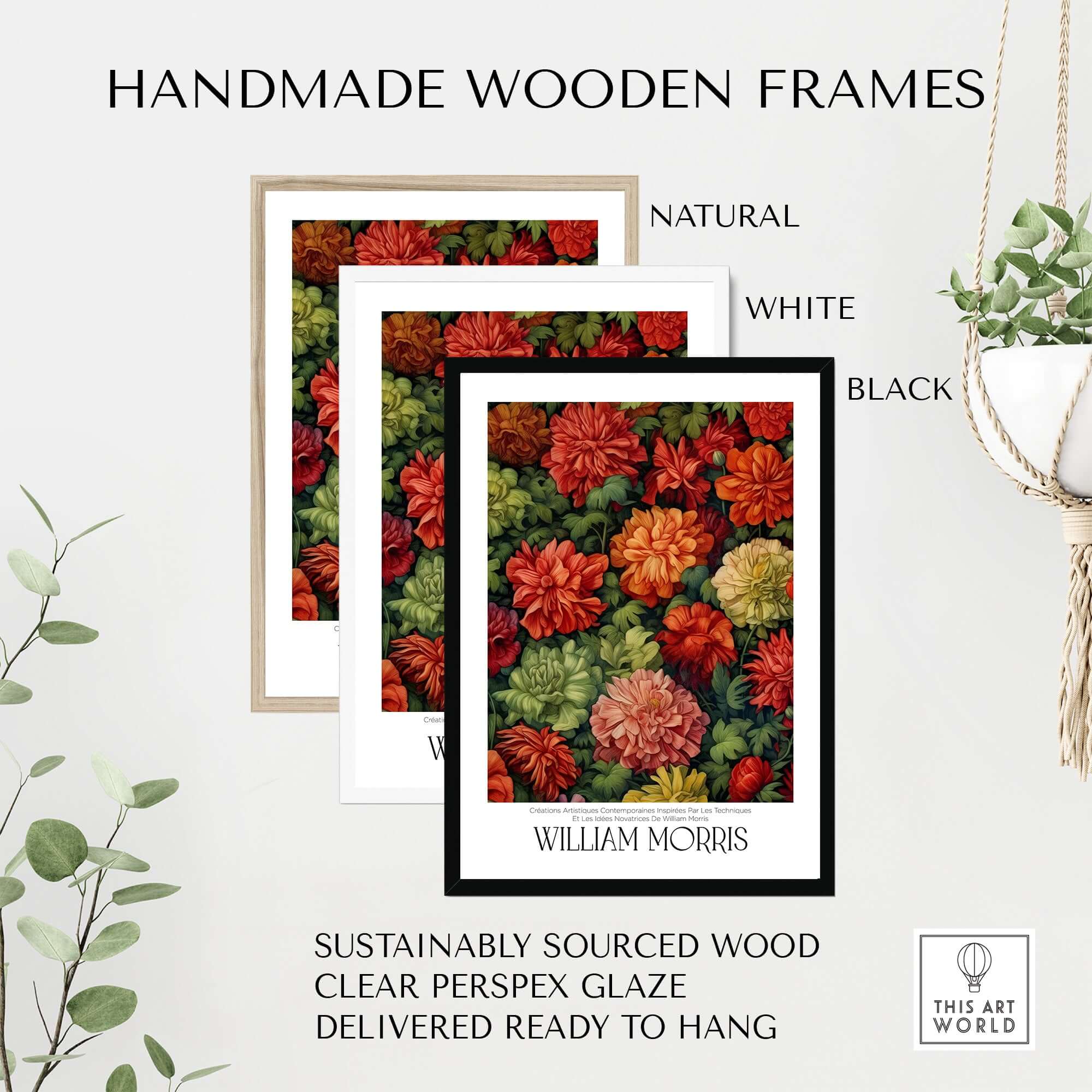 William Morris Prints - Abundant Floral Bloom Art Print - Colourful Botanical Poster in handmade wooden frames