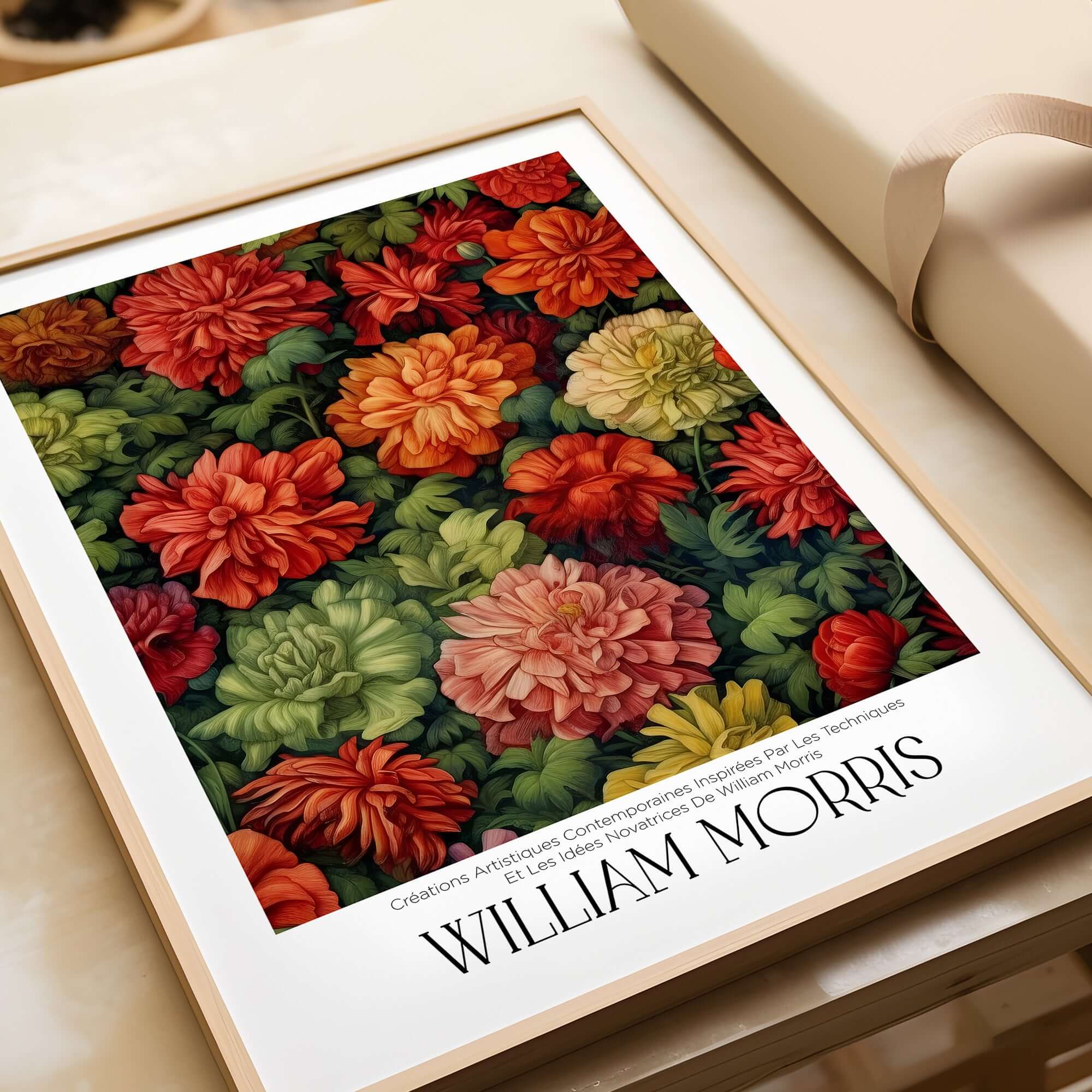 William Morris Prints - Abundant Floral Bloom Art Print - Colourful Botanical Poster featuring vibrant chrysanthemum flowers.