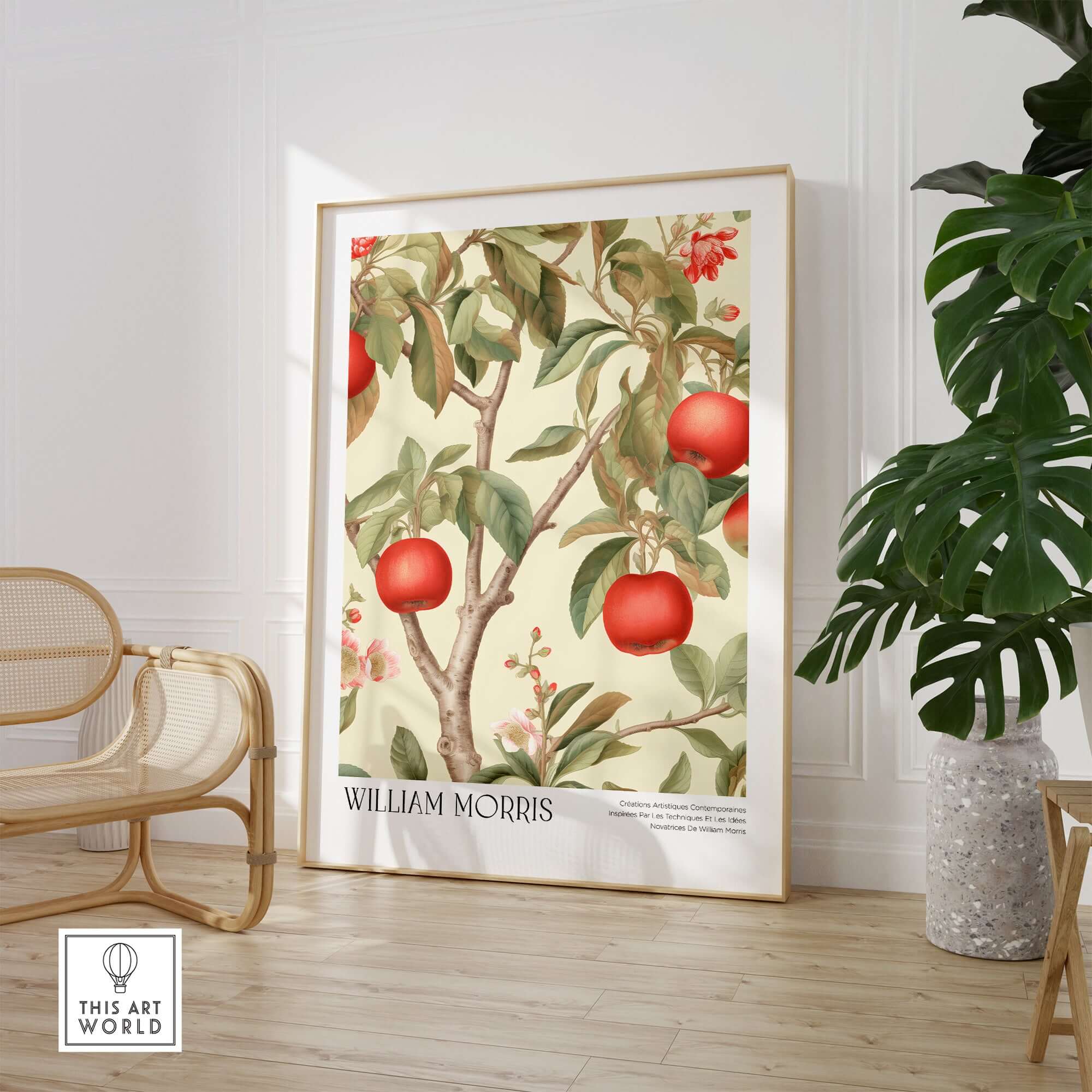 William Morris Prints - Apple Tree Fruit Botanical Art Print - Orchard Blossom Poster featuring red apples and blossoms.