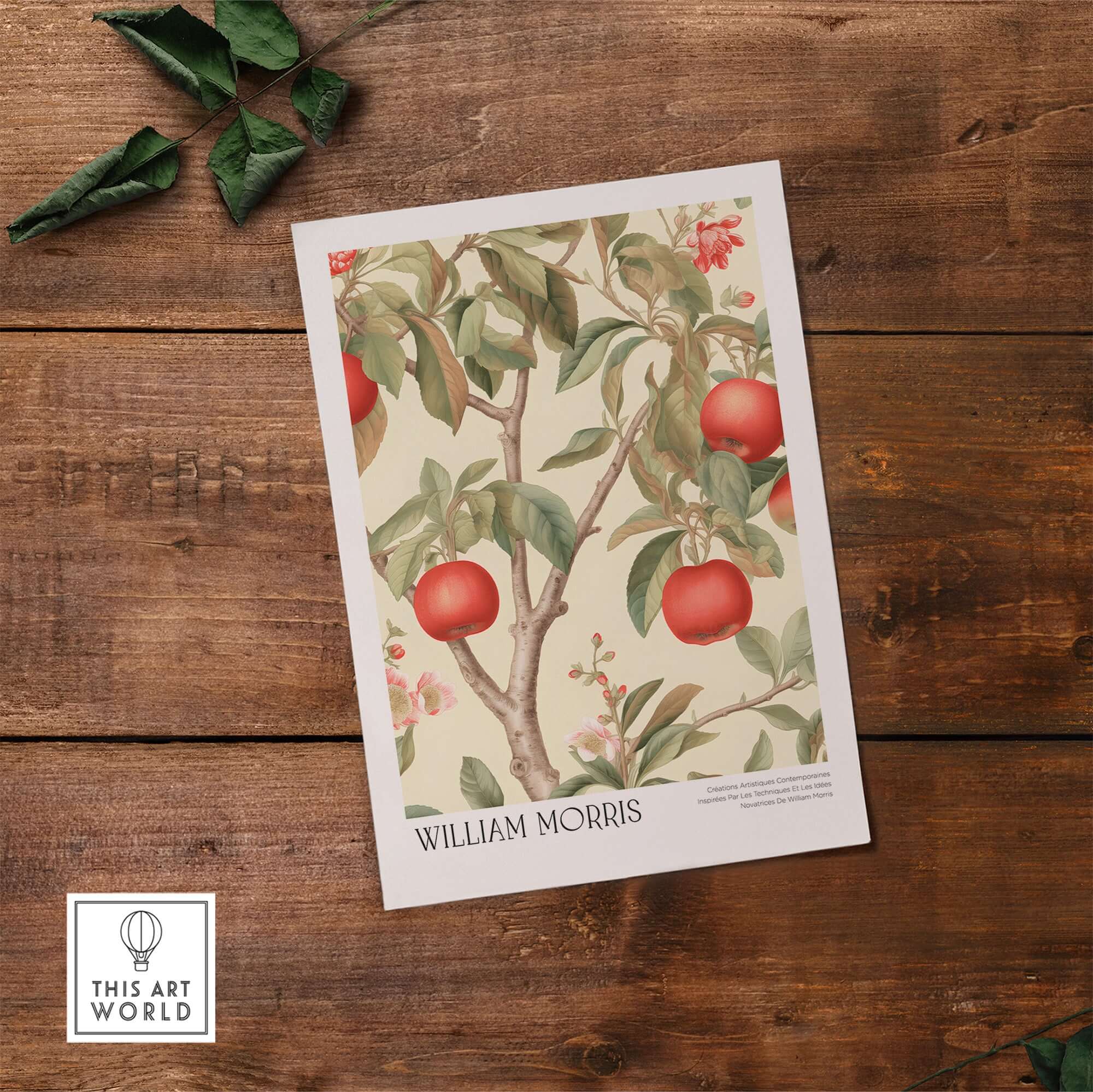 William Morris Prints - Apple Tree Fruit Botanical Art Print - Orchard Blossom Poster featuring red apples and blossoms.