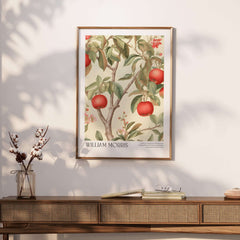 William Morris Prints - Apple Tree Fruit Botanical Art Print - Orchard Blossom Poster displayed on a wall with a wooden shelf.