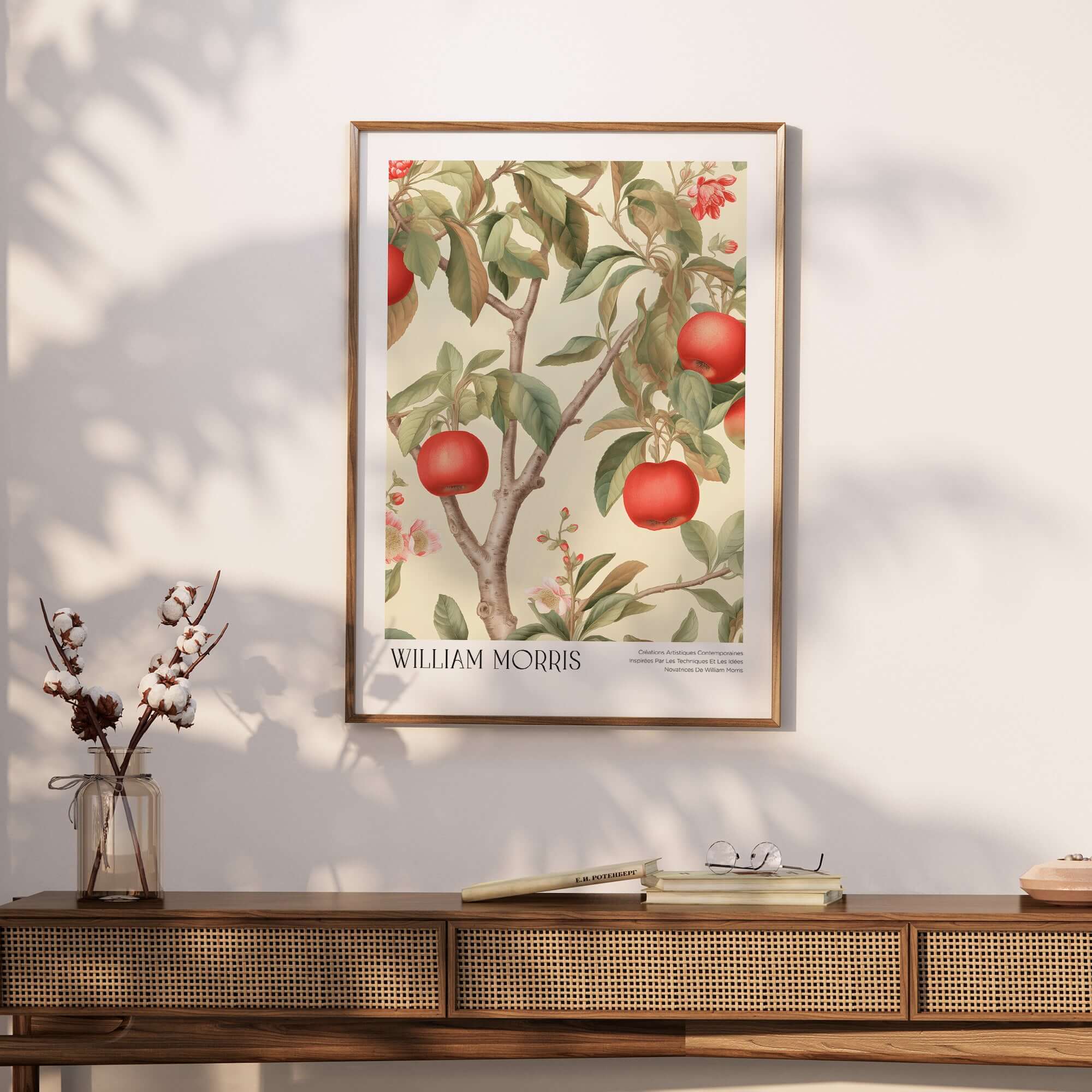 William Morris Prints - Apple Tree Fruit Botanical Art Print - Orchard Blossom Poster displayed on a wall with a wooden shelf.