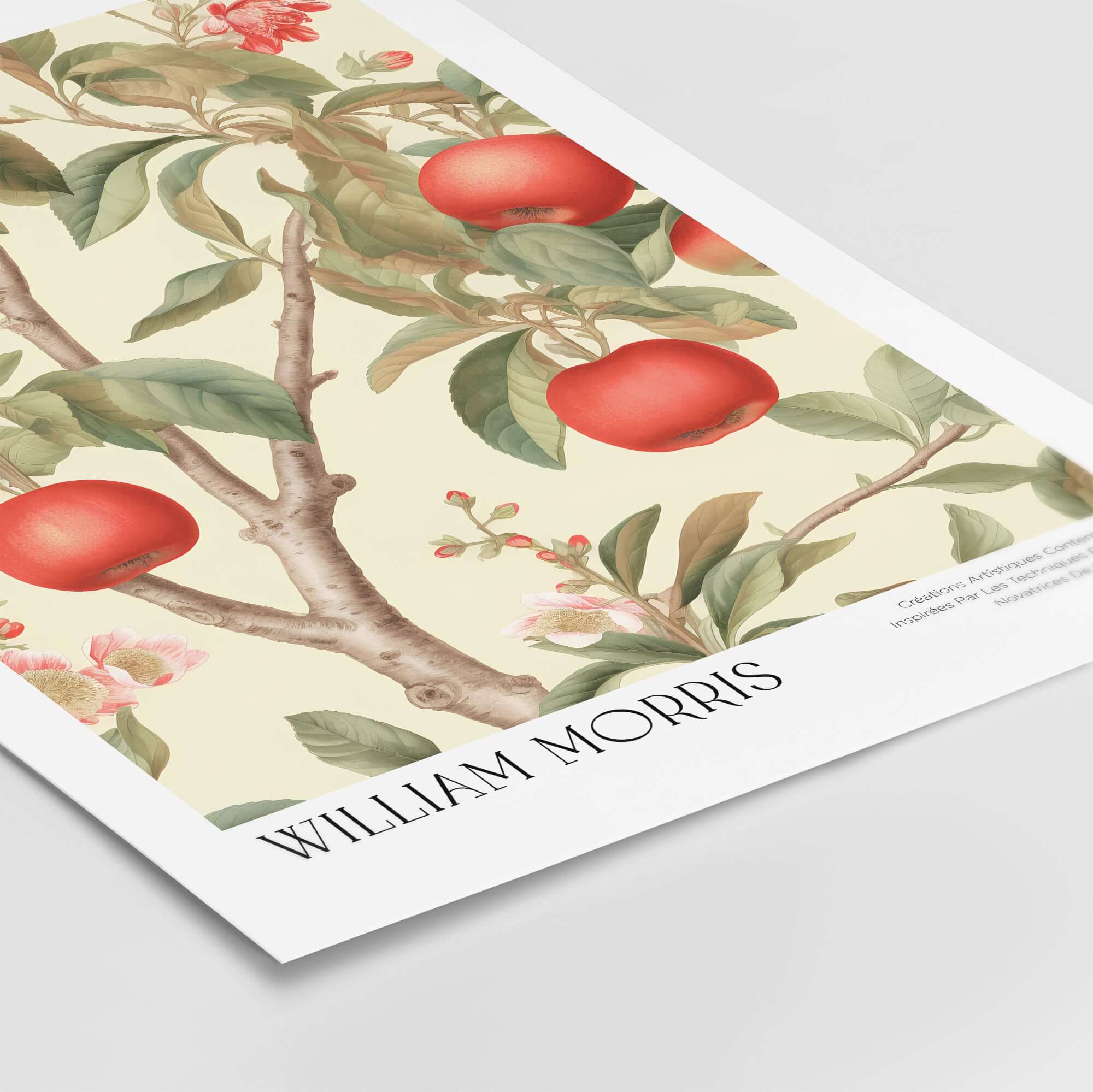 William Morris Prints - Apple Tree Fruit Botanical Art Print - Orchard Blossom Poster featuring red apples and blossoms.