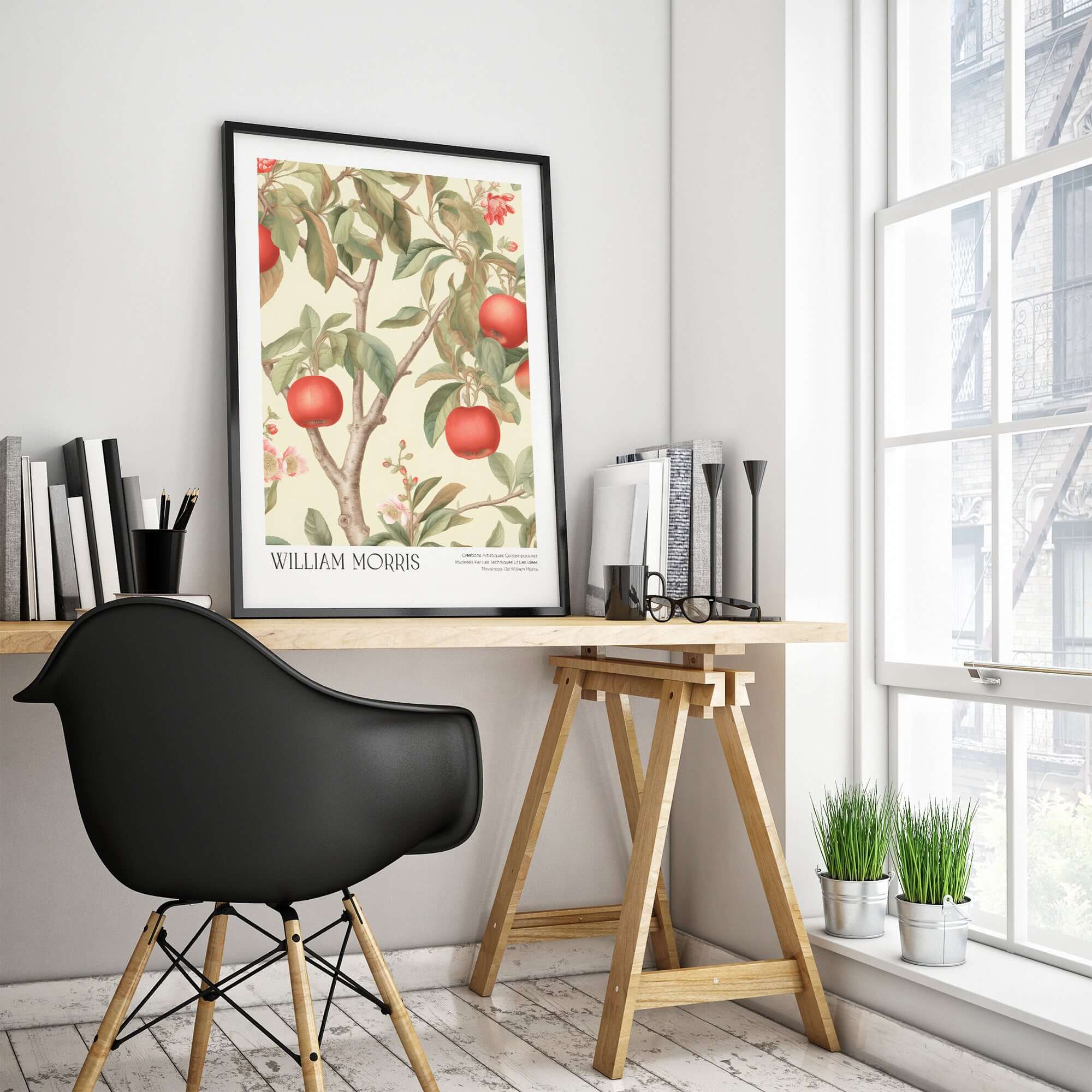 William Morris Prints - Apple Tree Fruit Botanical Art Print - Orchard Blossom Poster displayed in a stylish workspace.