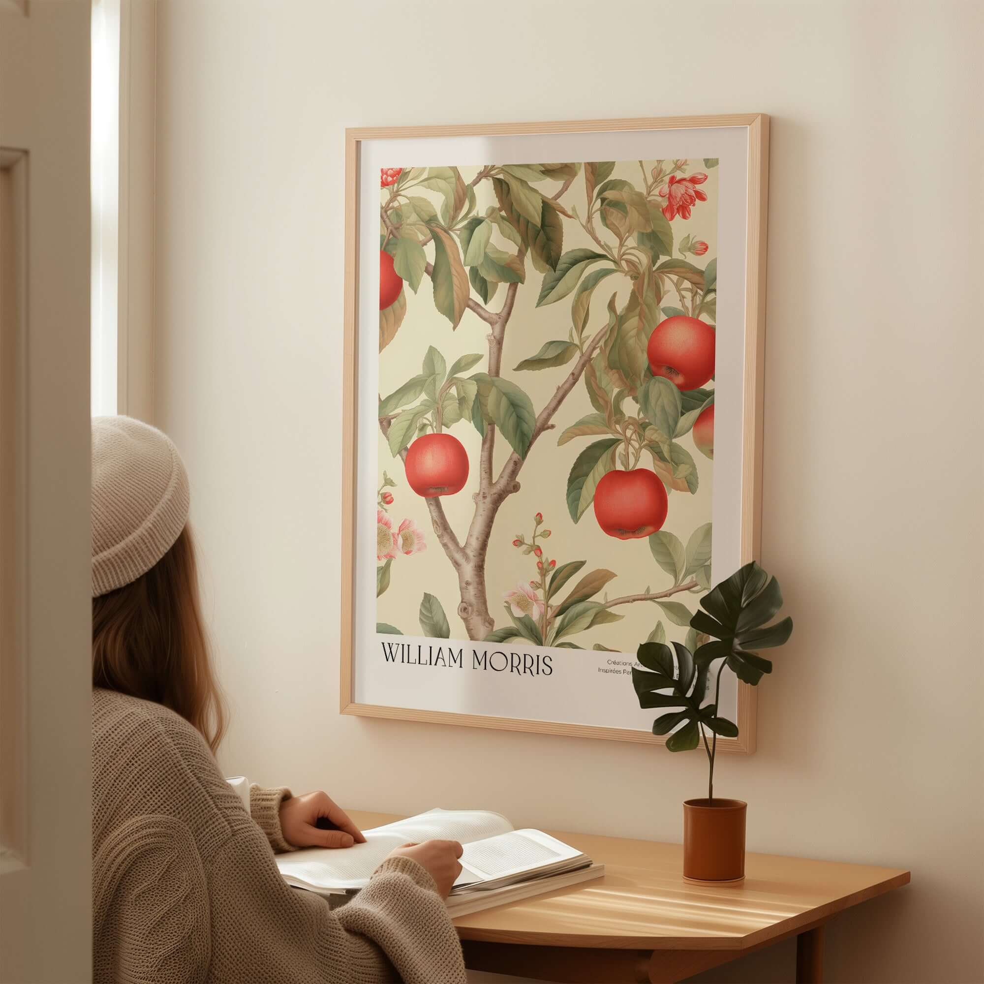 William Morris Prints - Apple Tree Fruit Botanical Art Print - Orchard Blossom Poster displayed in a cozy room.