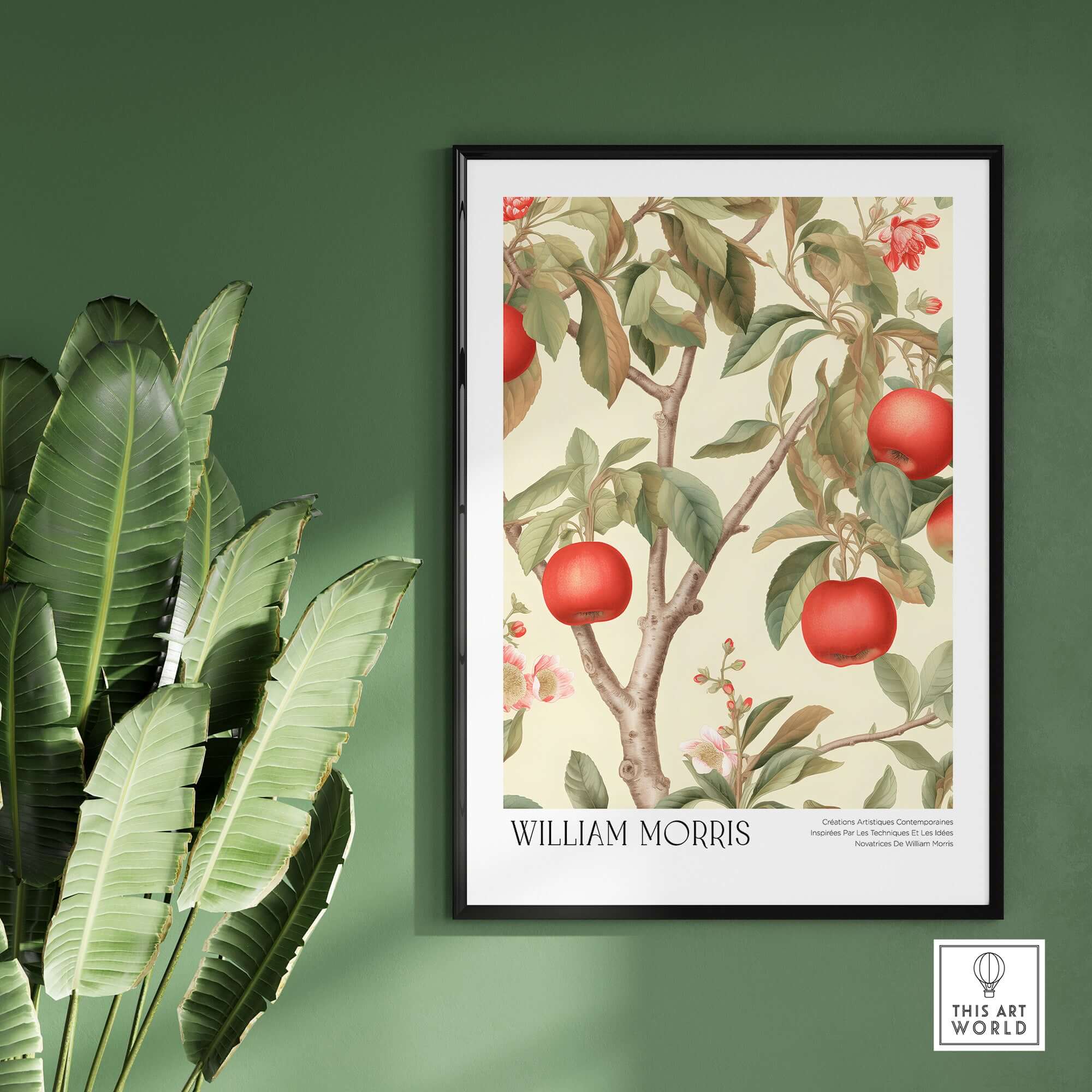 William Morris Prints - Apple Tree Fruit Botanical Art Print - Orchard Blossom Poster showcasing red apples and blossoms.