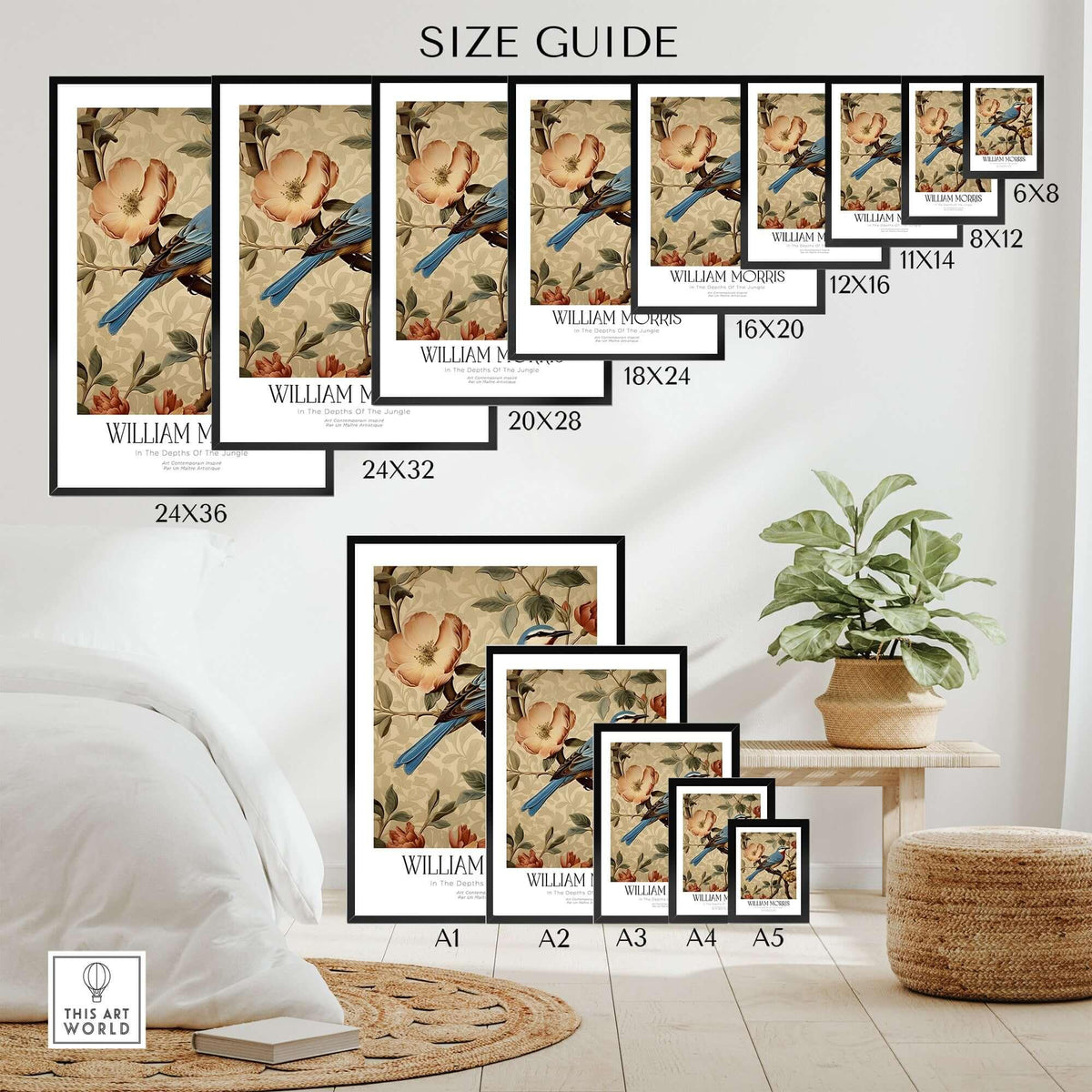 William Morris Prints - Blue Bird Floral Art Print - Botanical Poster Size Guide with various frame sizes displayed.