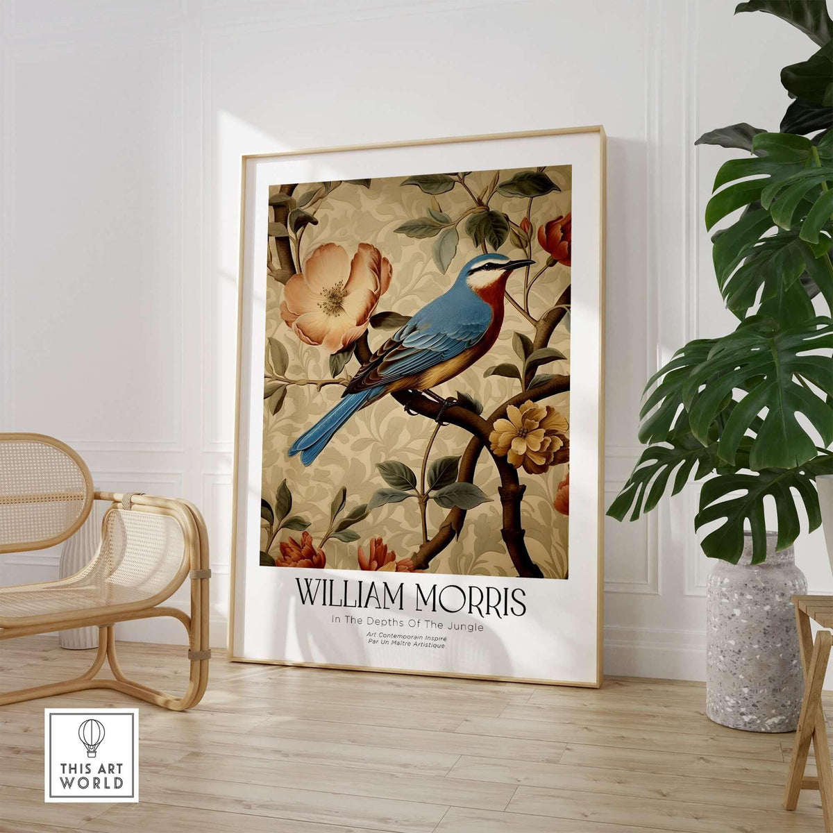 William Morris Prints - Blue Bird Floral Art Print - Botanical Poster in a stylish interior setting with a bird illustration.