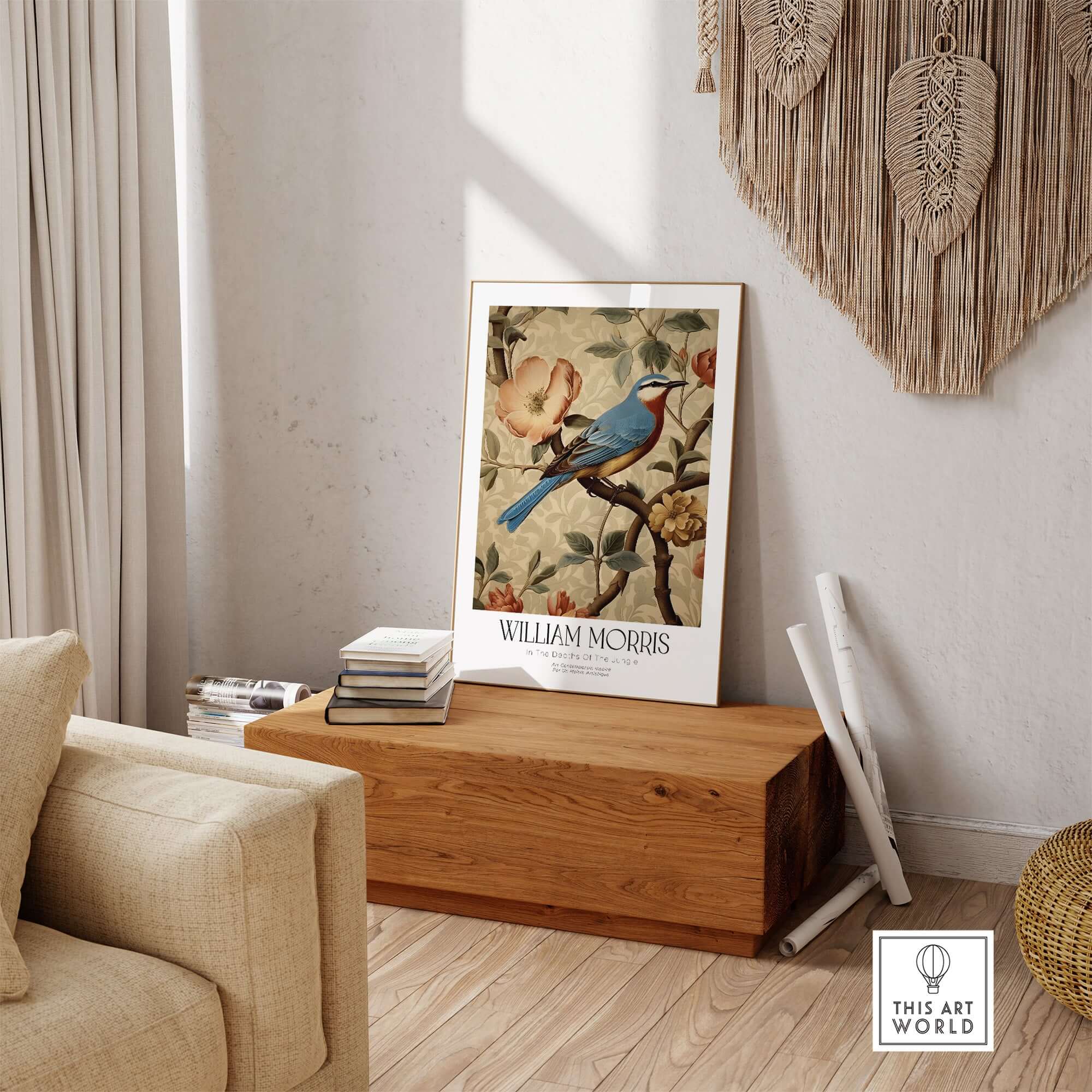 William Morris Prints - Blue Bird Floral Art Print - Botanical Poster displayed elegantly in a stylish interior setting.