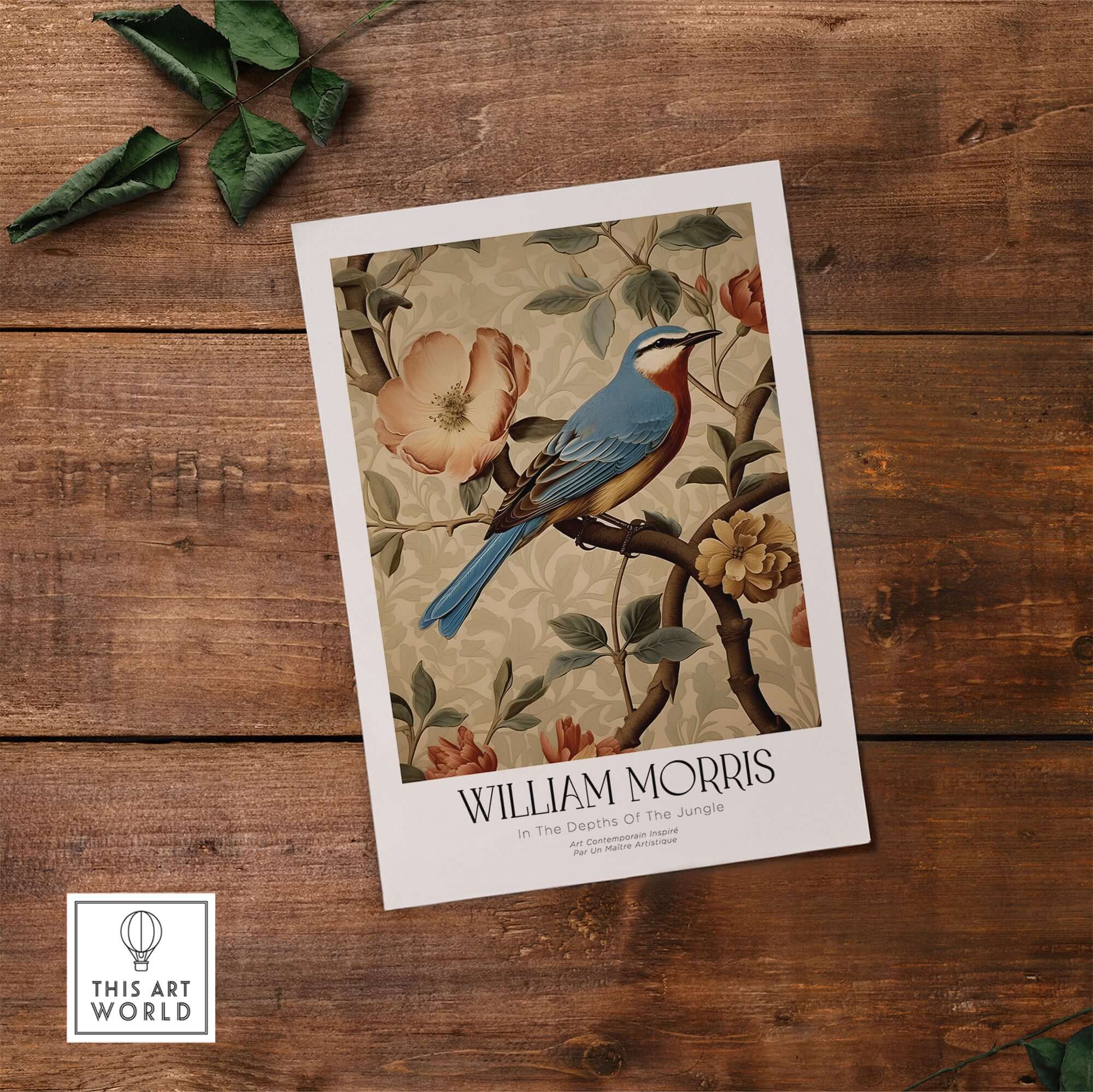 William Morris Prints - Blue Bird Floral Art Print - Botanical Poster on a rustic wooden background.