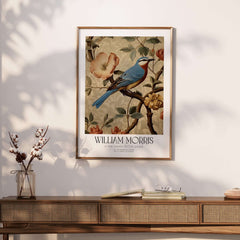 William Morris Prints - Blue Bird Floral Art Print - Botanical Poster displayed in a stylish interior.