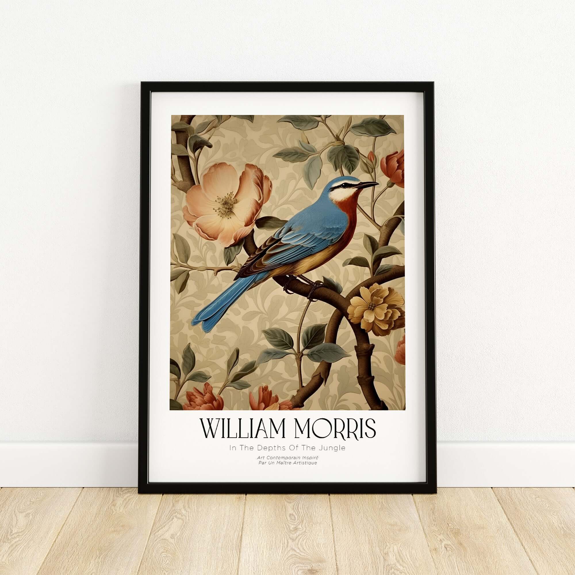 William Morris Prints - Blue Bird Floral Art Print - Botanical Poster showcasing a blue bird on a floral background.
