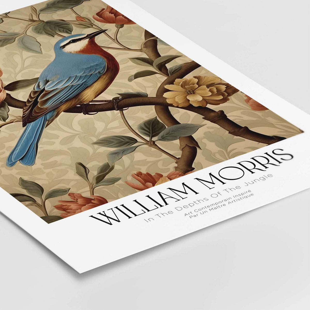 William Morris Prints - Blue Bird Floral Art Print - Botanical Poster with vibrant blue bird and floral design.