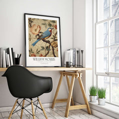 William Morris Prints - Blue Bird Floral Art Print - Botanical Poster displayed in a stylish home office with elegant decor.