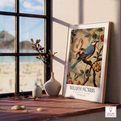 William Morris Prints - Blue Bird Floral Art Print - Botanical Poster displayed in a sunlit room with beach view.