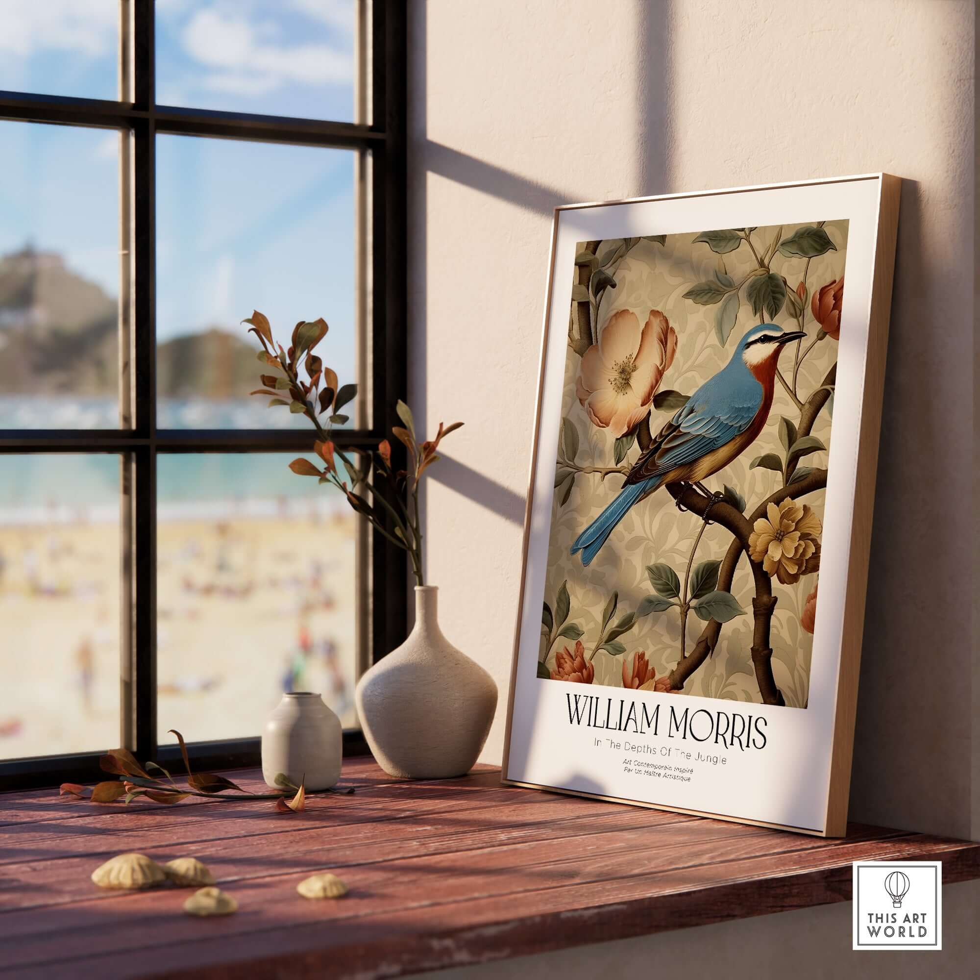 William Morris Prints - Blue Bird Floral Art Print - Botanical Poster displayed in a sunlit room with beach view.