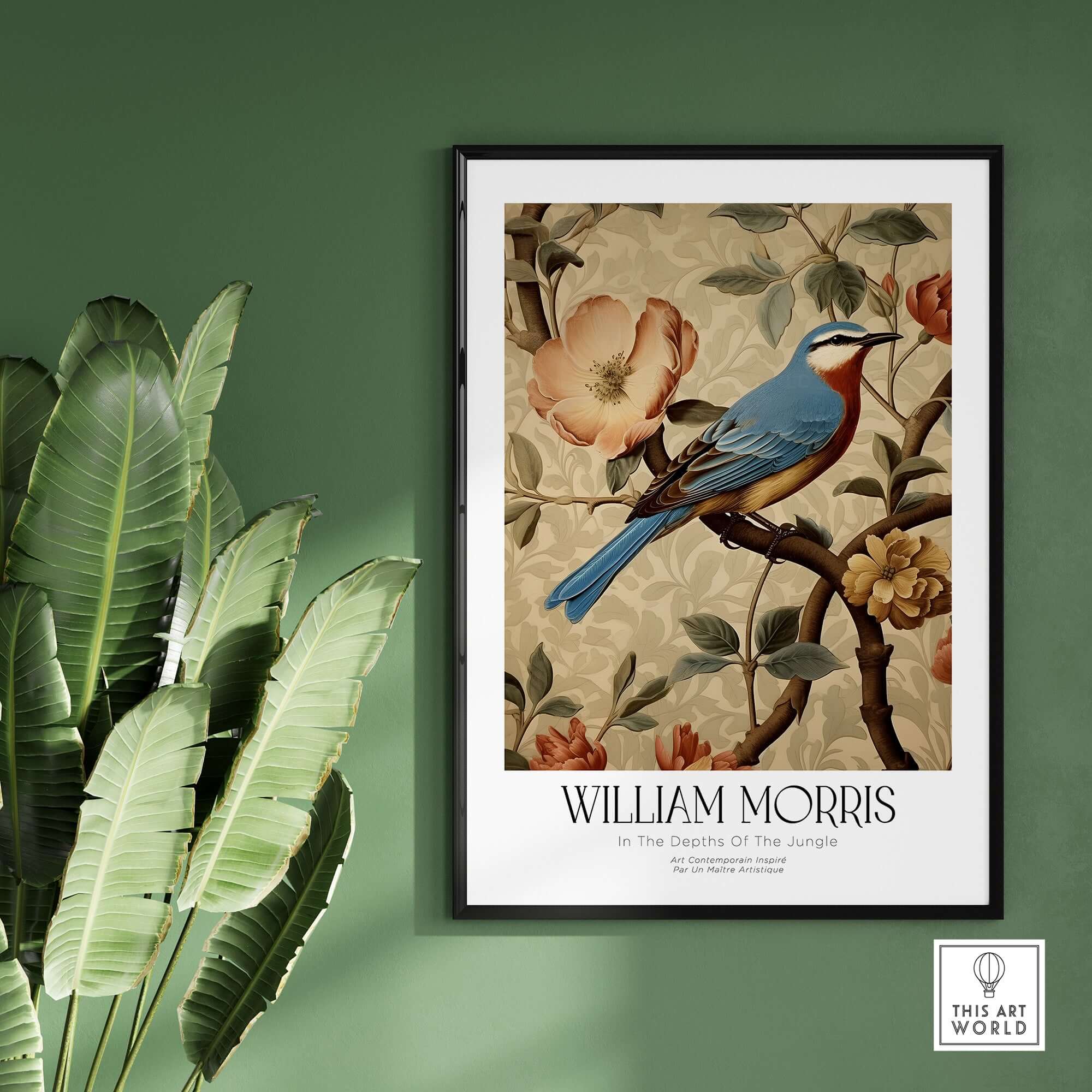 William Morris Prints - Blue Bird Floral Art Print - Botanical Poster featuring a vibrant blue bird on a decorative background.