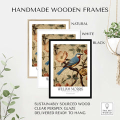 Handmade wooden frames for William Morris Prints - Blue Bird Floral Art Print - Botanical Poster in three colors.