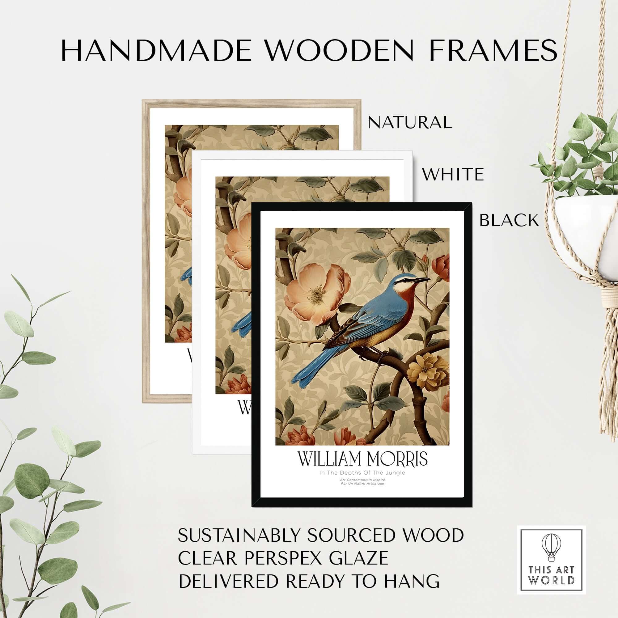 Handmade wooden frames for William Morris Prints - Blue Bird Floral Art Print - Botanical Poster in three colors.