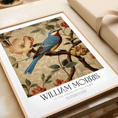 William Morris Prints - Blue Bird Floral Art Print - Botanical Poster featuring a vibrant bird and floral patterns.