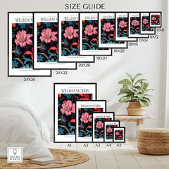 William Morris Prints - Dark Floral Lily Art Print - Vibrant Botanical Poster size guide displaying various frame dimensions.
