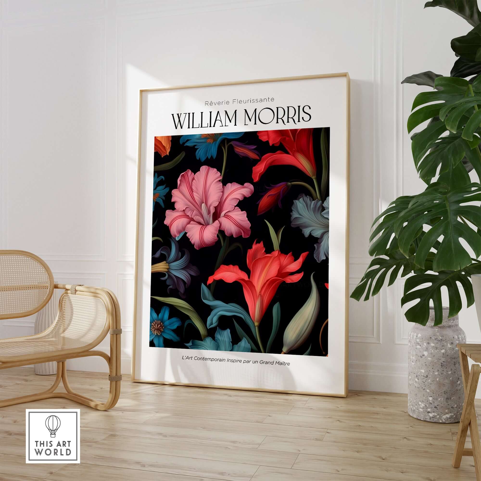 William Morris Prints - Dark Floral Lily Art Print - Vibrant Botanical Poster displayed in a stylish interior setting.