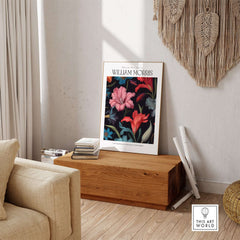William Morris Prints - Dark Floral Lily Art Print - Vibrant Botanical Poster displayed in a stylish interior setting.