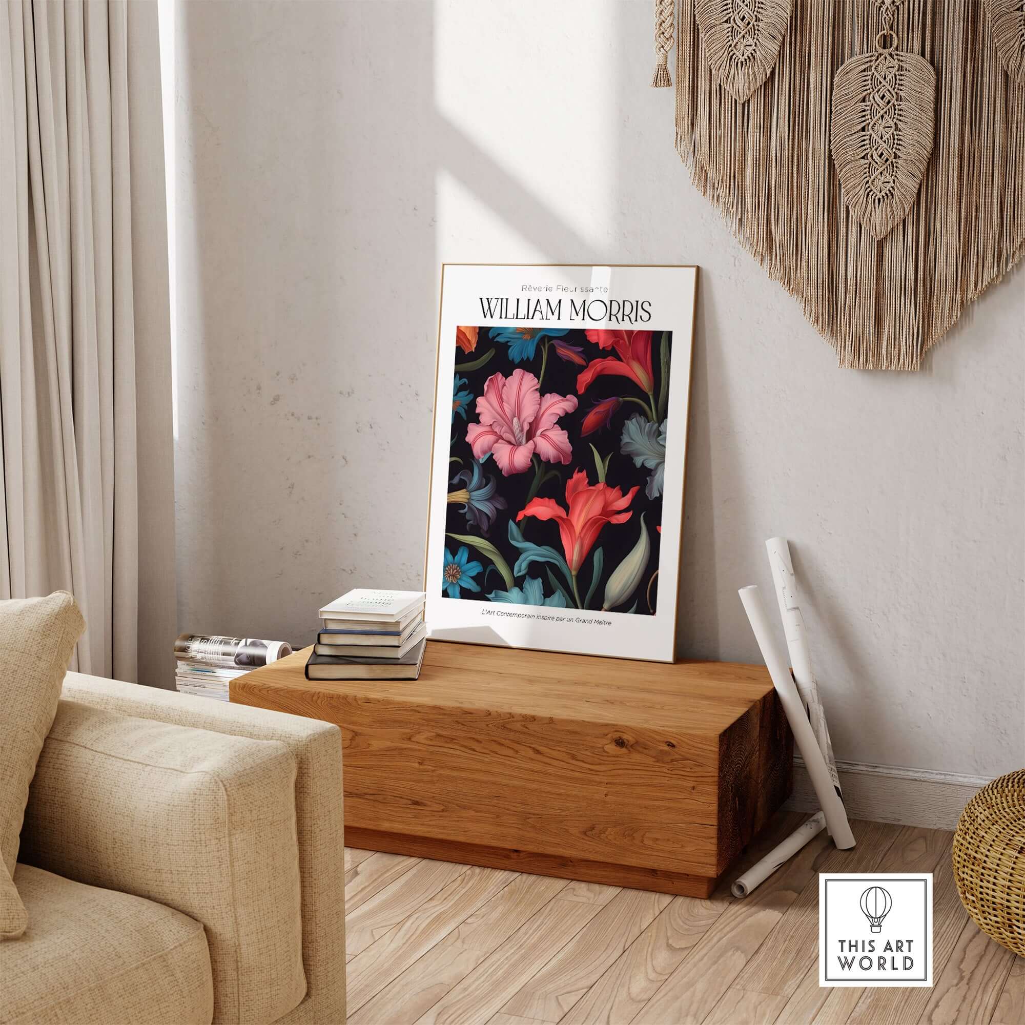 William Morris Prints - Dark Floral Lily Art Print - Vibrant Botanical Poster displayed in a stylish interior setting.