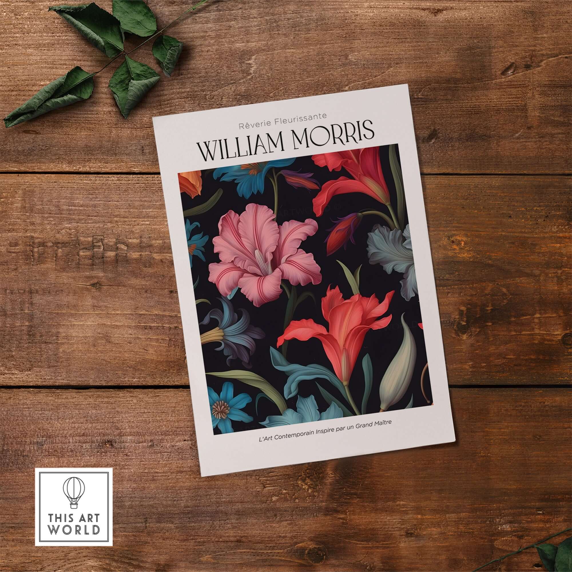 William Morris Prints - Dark Floral Lily Art Print - Vibrant Botanical Poster featuring stylized lilies on a dark background.
