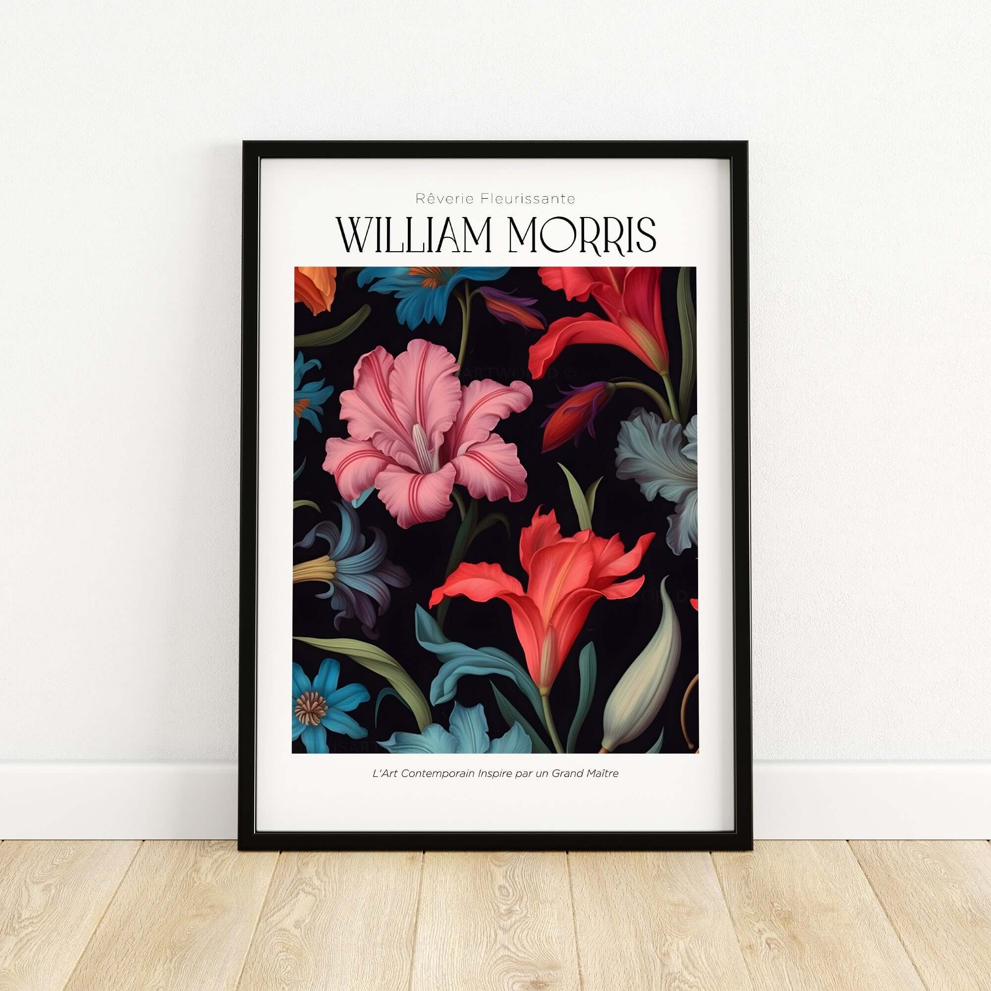 William Morris Prints - Dark Floral Lily Art Print - Vibrant Botanical Poster displayed in a black frame on a wooden floor.