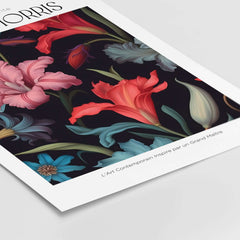 William Morris Prints - Dark Floral Lily Art Print - Vibrant Botanical Poster featuring vibrant lilies on a dark background.