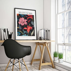 William Morris Prints - Dark Floral Lily Art Print - Vibrant Botanical Poster displayed in a modern workspace.