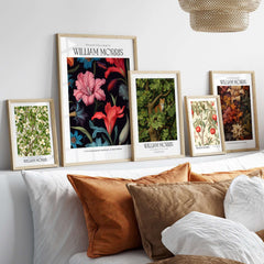 William Morris Prints - Dark Floral Lily Art Print - Vibrant Botanical Poster displayed in elegant frames on a stylish wall.