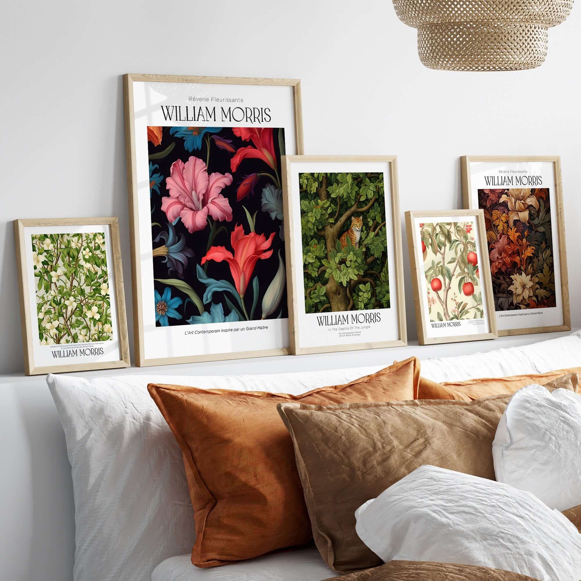 William Morris Prints - Dark Floral Lily Art Print - Vibrant Botanical Poster displayed in elegant frames on a stylish wall.