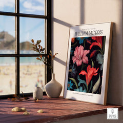 William Morris Prints - Dark Floral Lily Art Print - Vibrant Botanical Poster displayed in a bright room by the window.