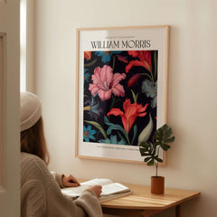 William Morris Prints - Dark Floral Lily Art Print - Vibrant Botanical Poster displayed in a modern interior setting.
