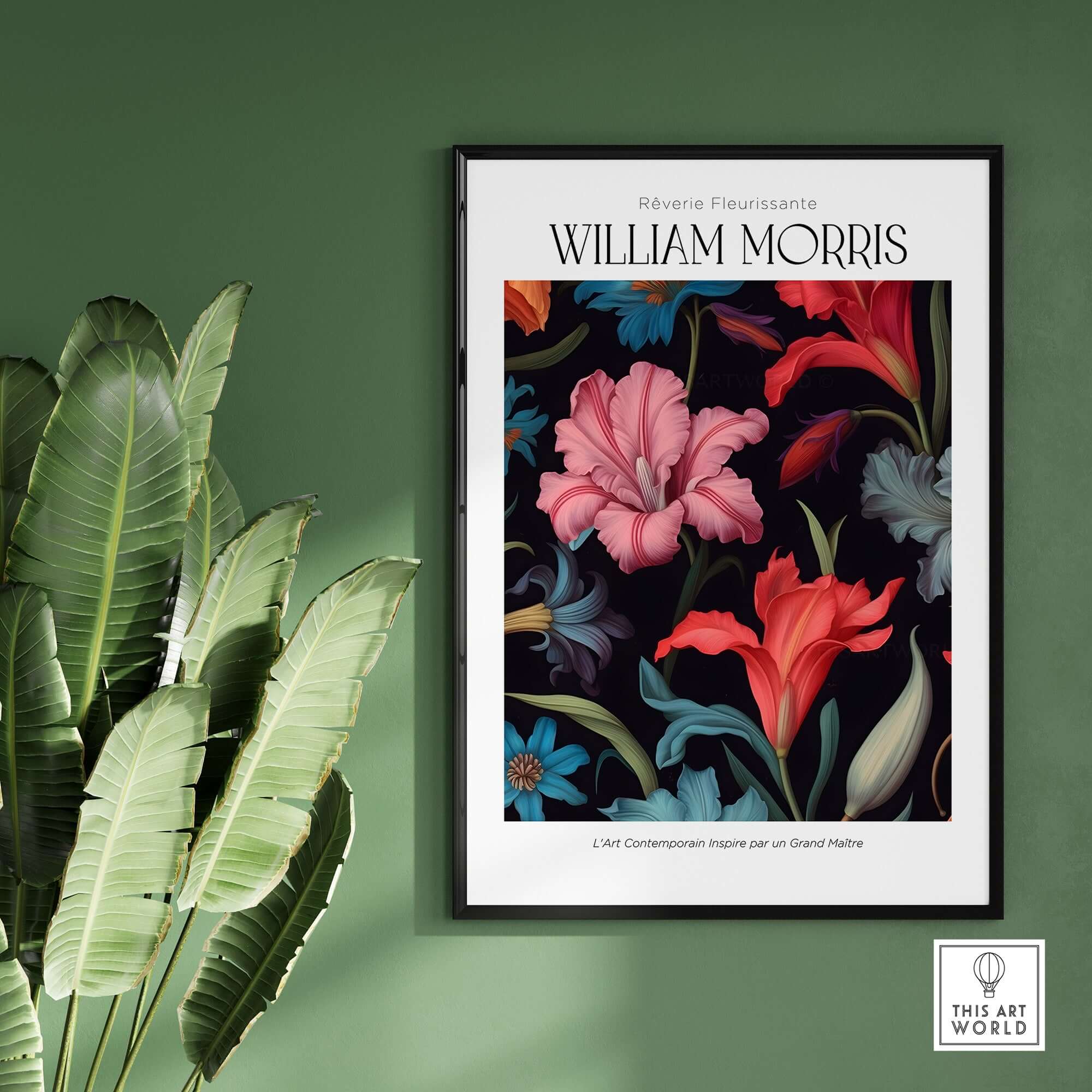 William Morris Prints - Dark Floral Lily Art Print - Vibrant Botanical Poster displayed on a green wall with plants.