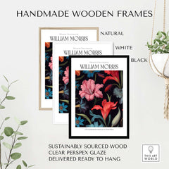 William Morris Prints - Dark Floral Lily Art Print - Vibrant Botanical Poster displayed in handmade wooden frames.