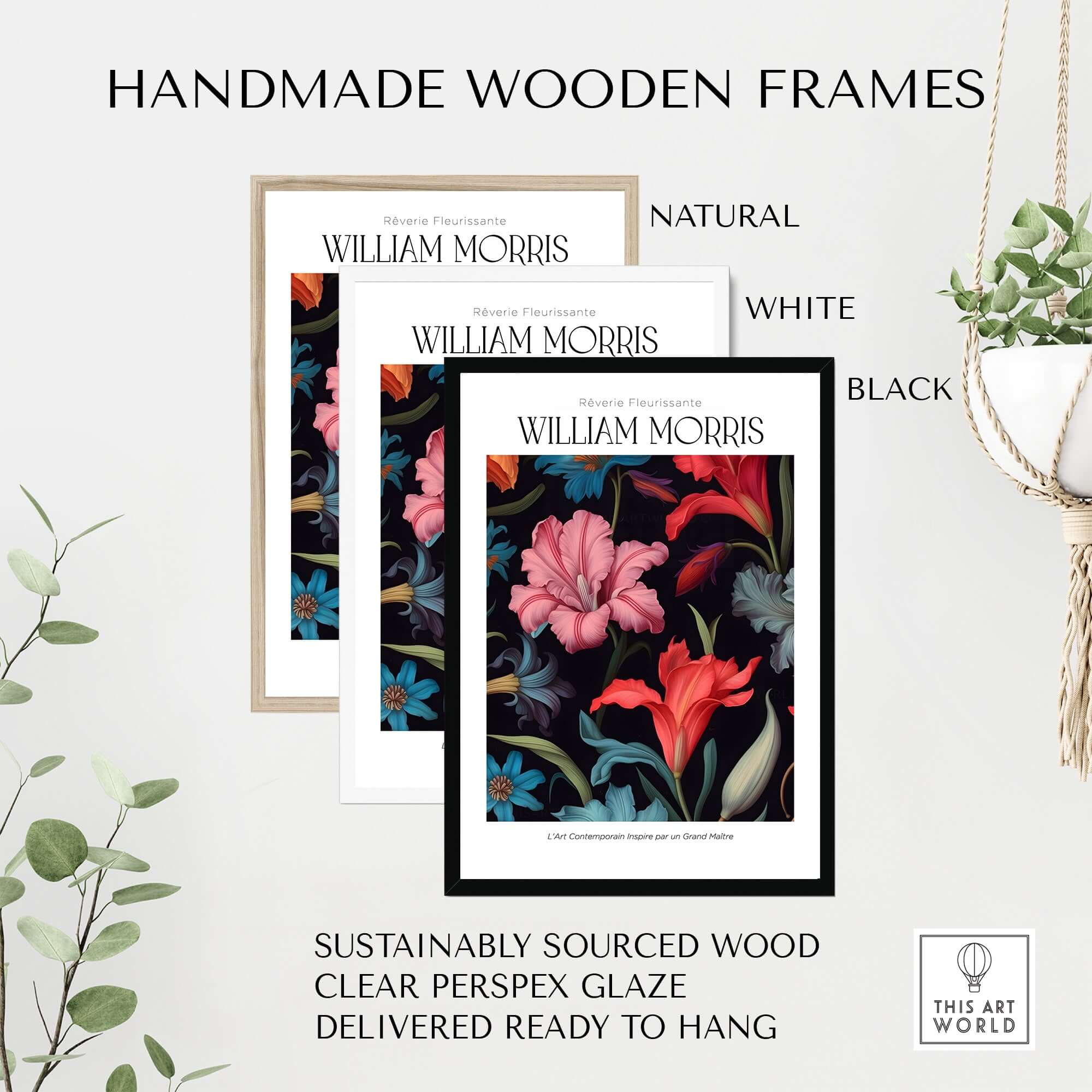 William Morris Prints - Dark Floral Lily Art Print - Vibrant Botanical Poster displayed in handmade wooden frames.