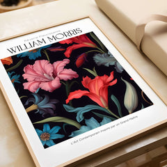 William Morris Prints - Dark Floral Lily Art Print - Vibrant Botanical Poster featured in floral design with stylized lilies.