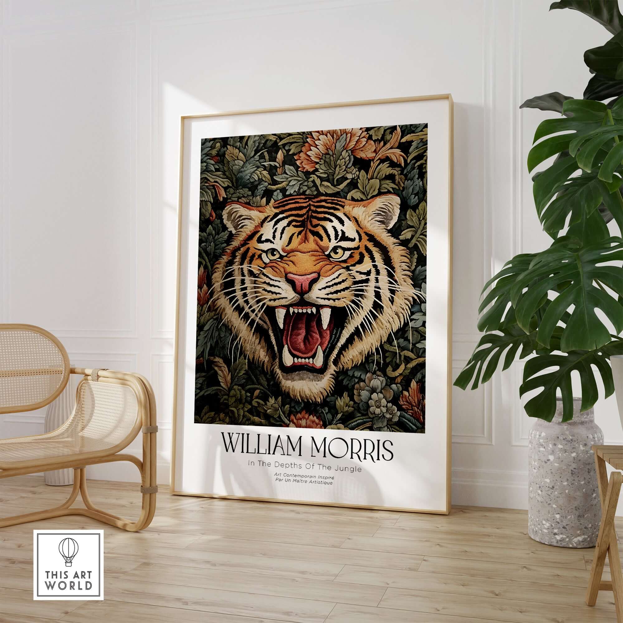 William Morris Prints - Exhibition Poster - Jungle Tiger featuring a roaring tiger and intricate foliage in a stylish living room.