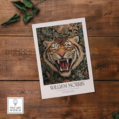 William Morris Prints - Exhibition Poster - Jungle Tiger featuring a roaring tiger surrounded by jungle foliage.