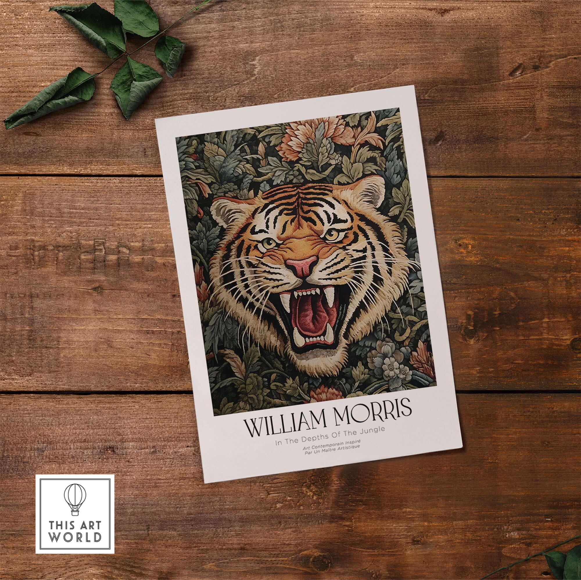 William Morris Prints - Exhibition Poster - Jungle Tiger featuring a roaring tiger surrounded by jungle foliage.