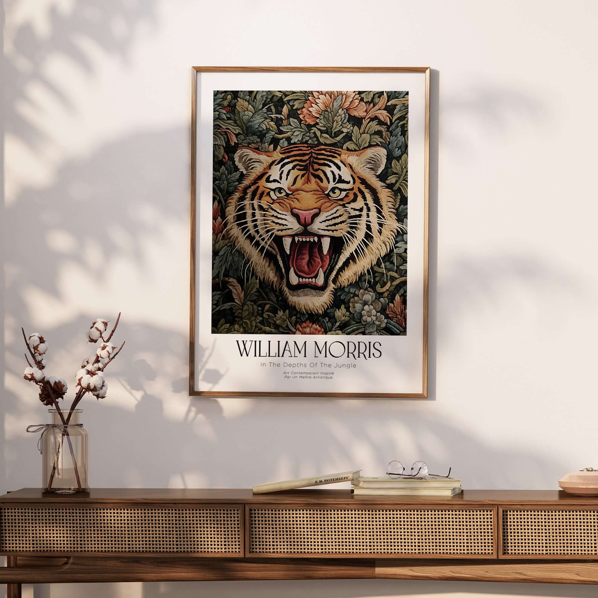William Morris Prints - Exhibition Poster - Jungle Tiger featuring a roaring tiger amidst floral foliage.