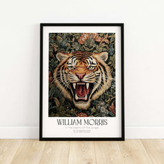 William Morris Prints - Exhibition Poster - Jungle Tiger showcasing a roaring tiger amidst lush foliage.