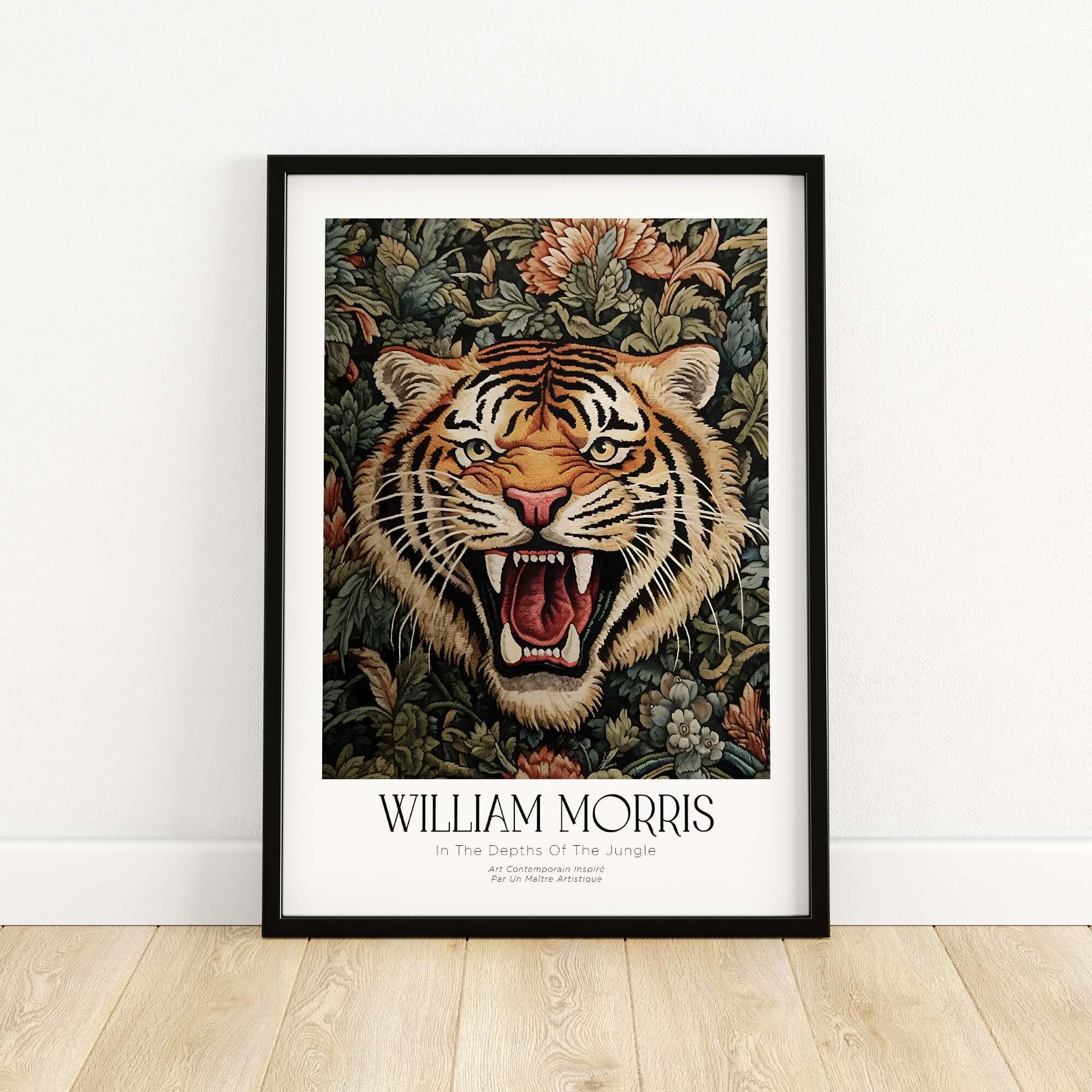 William Morris Prints - Exhibition Poster - Jungle Tiger showcasing a roaring tiger amidst lush foliage.