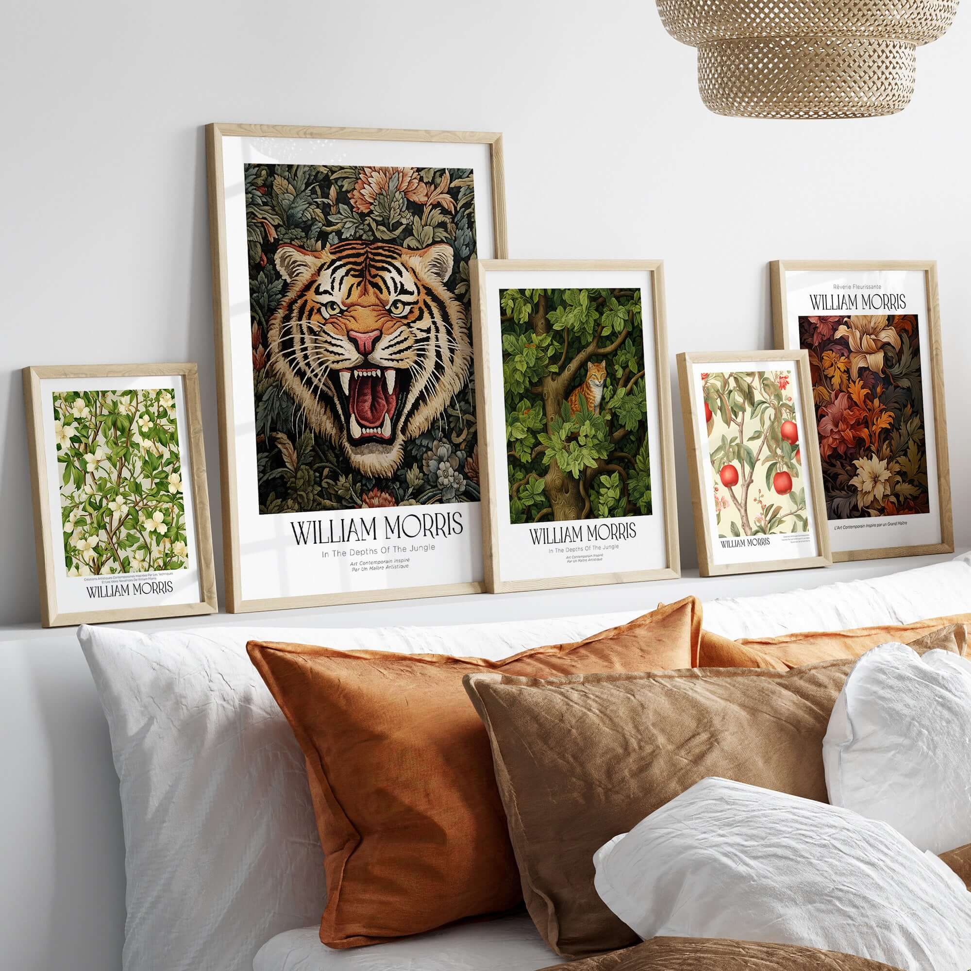 William Morris Prints - Exhibition Poster - Jungle Tiger showcased in a stylish living room setup with decorative frames.