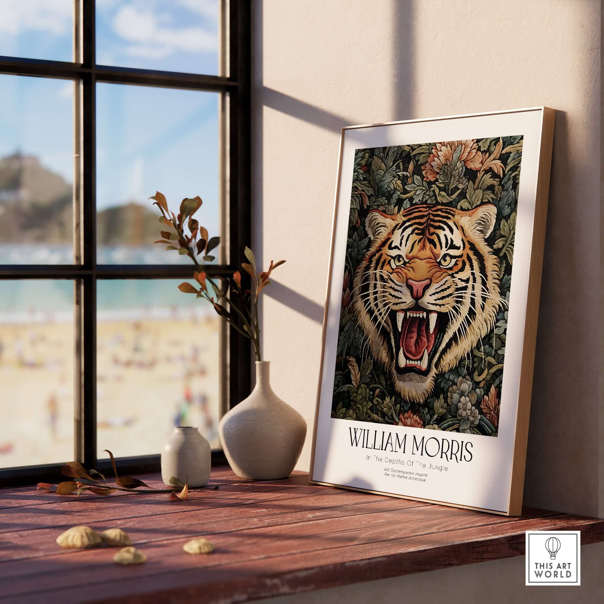 William Morris Prints - Exhibition Poster - Jungle Tiger displayed in a sunlit room with beach view.