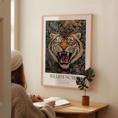 William Morris Prints - Exhibition Poster - Jungle Tiger featuring a roaring tiger surrounded by floral designs.